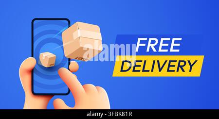 Free delivery service concept on smartphone. Hand holding phone with cardboard box 3D icon. Vector illustration Stock Vector