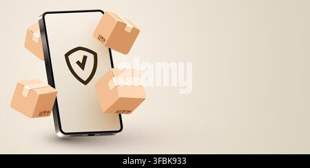Smartphone with secure delivery boxes on beige background. Concept of safe online shipping. Vector illustration Stock Vector