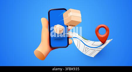 Delivery tracking concept on a smartphone screen showing cardboard packages and a navigation map. Vector illustration. Stock Vector