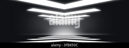 Futuristic black podium room featuring glowing white chevron arrows overhead and reflective neon arrow lights on the floor in a dark studio backdrop Stock Photo