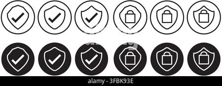Set of circular security icons showing shields with checkmarks and padlocks in black and white styles representing protection verification and data sa Stock Photo