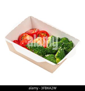 Steamed broccoli with cherry tomatoes in paper box Stock Photo