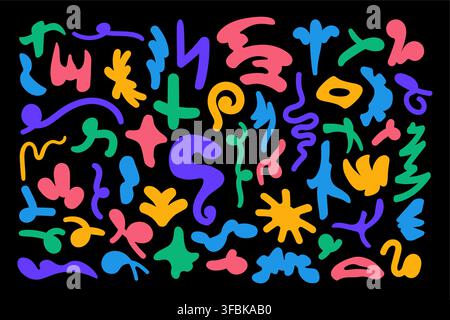Abstract scribbles doodle symbols set naive graphic art design neon colorful dark background collection colorful hand drawn abstract symbols blobs sta Stock Vector