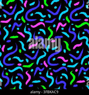 Abstract squiggles wavy lines retro neon graphic design black seamless pattern background. Colorful neon hand drawn squiggles curves wavy lines black Stock Vector
