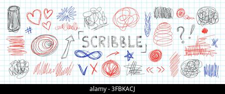 Messy pen doodles and scribbles create chaotic hand-drawn lines vector illustration set. Stock Vector