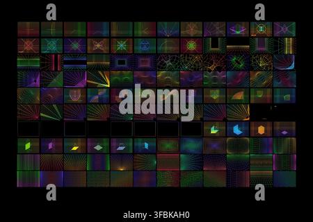 Cyberpunk wireframe grid perspective background collection neon glowing line geometry set dark backdrop large collection abstract futuristic wireframe Stock Vector