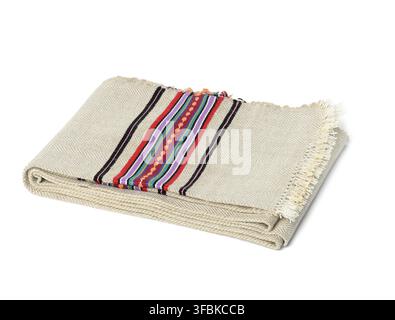 Folded gray linen tea towel on white background, top view Stock Photo