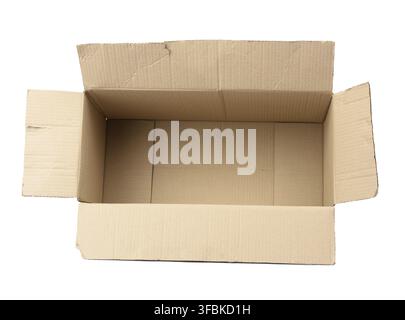 Open empty cardboard rectangular box made of corrugated brown paper isolated on a white background Stock Photo