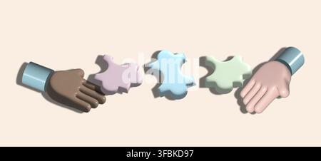 Two hands and pieces of a multi-colored puzzle on a beige background, 3d illustration. The concept of cooperation Stock Photo