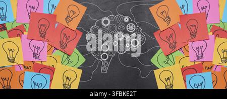 Silhouette of a brain with wheels and paper stickers with a drawn electric lamp, the concept of searching and generating new ideas Stock Photo