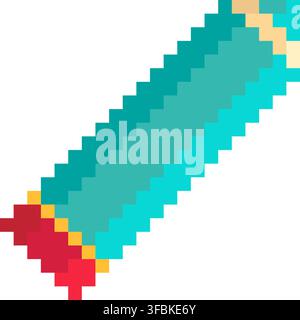 Pencil drawing stationery school tool pixel art style vector cyan red colors. Wooden pencil red eraser tip writing sketching instrument pixelated scho Stock Vector