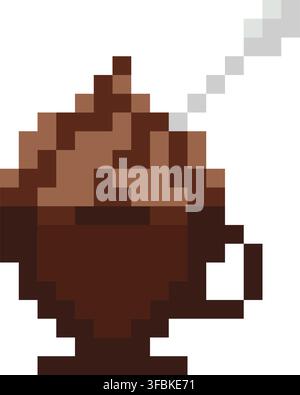 Hot chocolate cup whipped cream dessert pixel art style graphic brown warm palette. Ceramic mug whipped cream topping spoon dark brown hot drink icon Stock Vector