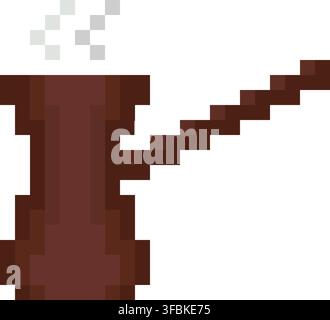 Cezve Turkish coffee pot brewing pixel art style design brown dark warm tones. Traditional copper cezve long handle steam brewing espresso. Game asset Stock Vector