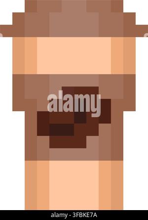 Takeaway coffee cup paper mug pixel art style graphic beige brown simple colors. Disposable paper cup lid sleeve coffee bean emblem warm drink to go i Stock Vector
