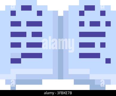 Open book textbook reading study pixel art style icon blue purple palette. Notebook textbook reading learning literature manual pixelated school suppl Stock Vector