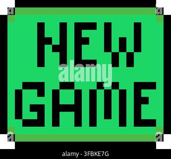 New game button start play menu control pixel art style green neon color. Rectangular button text new game pixelated video game menu UI asset isolated Stock Vector