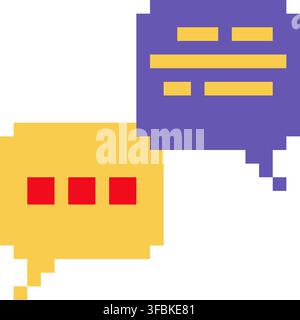 Speech bubbles chat dialog discussion pixel art style icon yellow purple colors. Two message speech bubbles chat text comment pixelated communication Stock Vector