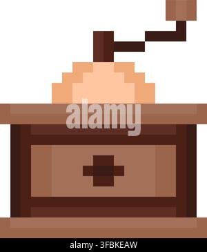 Coffee grinder manual mill tool pixel art style illustration brown wooden box accent. Vintage manual coffee grinder handle hopper ground beans maker g Stock Vector