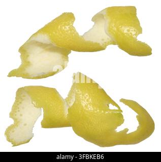 Two twisted strips of lemon peel showing the bright yellow outside and white inside. Close-up of the peel on an isolated background Stock Photo