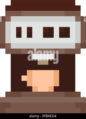 Coffee machine brewing hot espresso pixel art style graphic illustration beige brown color theme. Coffee machine dispensing hot beverage into small wh Stock Vector