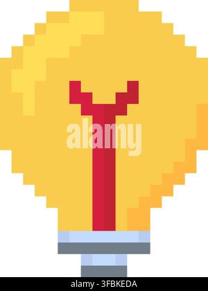 Light bulb idea innovation discovery pixel art style graphic yellow warm color. Glowing lightbulb solution knowledge creative thought symbol pixelated Stock Vector