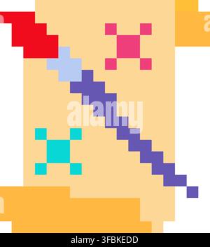 Paint brush canvas parchment art school pixel art style icon red purple theme. Paintbrush painting paper scroll map canvas retro pixelated art craft l Stock Vector