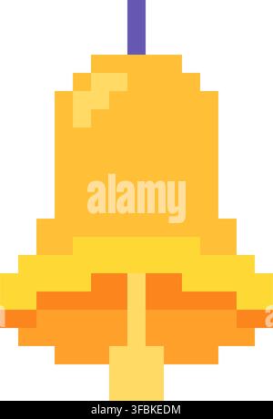 School bell alarm notification alert pixel art style icon yellow golden color. Golden ringing handbell lesson start break notification pixelated video Stock Vector