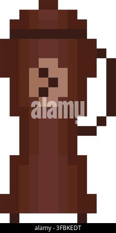 Thermos bottle vacuum flask container pixel art style icon brown warm tone palette. Tall dark brown vacuum mug coffee bean emblem travel drink holder Stock Vector