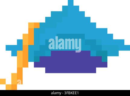Graduation cap mortarboard education degree pixel art style icon blue yellow color. Academic graduation hat mortarboard student degree university succ Stock Vector
