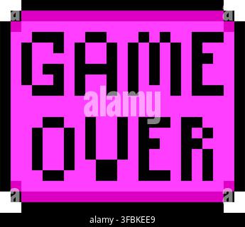 Game over screen menu button label pixel art style icon pink square design. Button text game over pixelated retro gaming UI interface element isolated Stock Vector