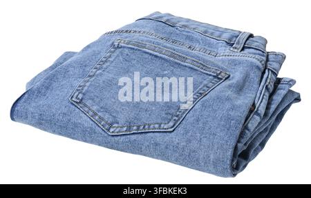 Folded pair of light blue denim jeans, isolated background Stock Photo