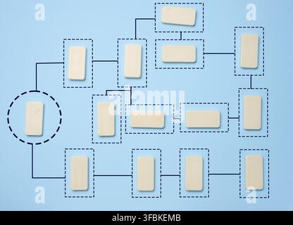 Scheme on a blue background. Automate business processes and workflows using flowcharts. Reduction of time for processing processes Stock Photo