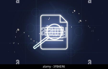 Document and magnifier icons on blue background. Data validation concept, control Stock Photo
