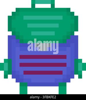 School backpack bag student satchel pixel art style graphic green purple. Palette school rucksack knapsack student gear bag pack pixelated education g Stock Vector
