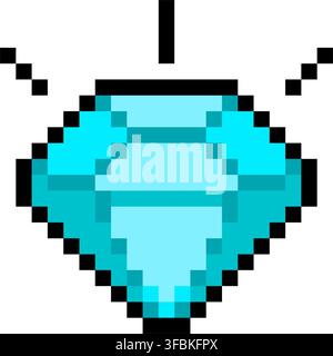 Diamond gem crystal reward item treasure pixel art style cyan blue design. Shiny pixelated gem bonus point video game asset icon isolated white backgr Stock Vector