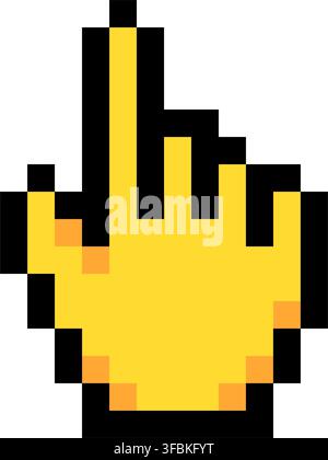 Cursor hand pointer click selection icon pixel art style game UI yellow sleeve. Pointing hand gesture pixelated cursor icon video game interface graph Stock Vector