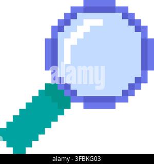 Magnifying glass search zoom find pixel art style graphic cyan purple design. Magnifier lens search inspection tool focus pixelated game interface UI Stock Vector