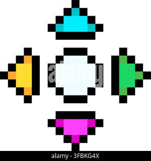 Directional d pad navigation controller arrows pixel art style icon colorful game UI. Four directional arrows center select button pixelated game cont Stock Vector