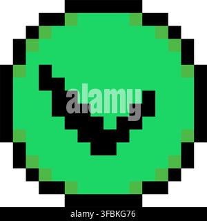 Check mark confirm agree checkmark button pixel art style green round icon. Circular black check mark pixelated game menu UI control graphic asset iso Stock Vector
