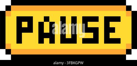 Pause button freeze hold menu option pixel art style graphic yellow black frame. Rectangular button text pause pixelated video game control UI asset i Stock Vector