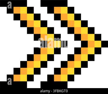 Double arrows fast forward speed up icon pixel art style yellow black frame. Right pointing yellow pixelated speed control UI game asset isolated whit Stock Vector