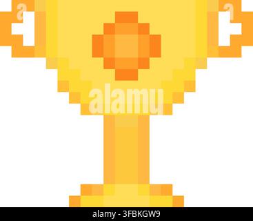 Winner trophy gold cup achievement award pixel art style icon yellow tones. Golden champion cup reward trophy victory prize pixelated video game UI as Stock Vector