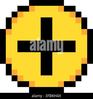 Plus add zoom in button round control pixel art style icon yellow color. Round button black plus sign pixelated game UI interface graphic asset isolat Stock Vector