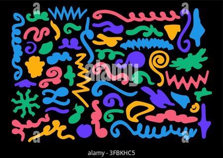 Abstract doodle lines shapes set naive retro graphic design neon bright colors black background. Collection colorful hand drawn squiggles zigzags wave Stock Vector