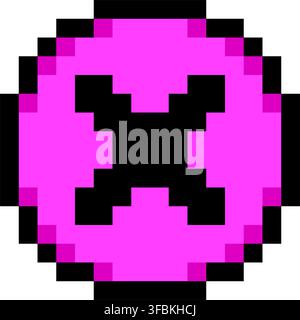 Cancel button close delete cross mark pixel art style icon pink round shape. Button letter X cross pixelated game menu control UI asset isolated white Stock Vector