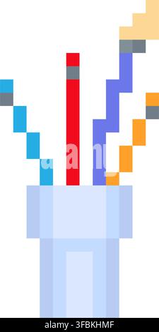 Pencils cup organizer holder stationery pixel art style design colorful school supplies. Desk pencil holder stand filled pencils pens brushes pixelate Stock Vector