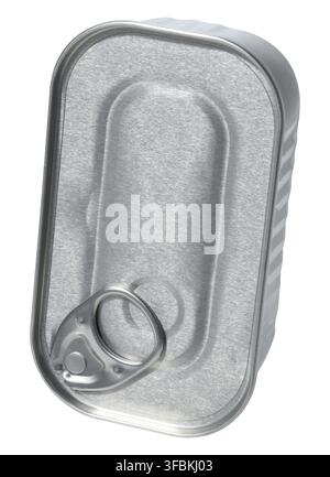 Rectangular tin can with ring for opening on isolated background Stock Photo