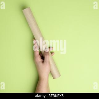Female hand hold brown paper towel from a roll of kitchen towels, object on a green background, close up Stock Photo