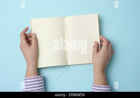 Two female hands hold an open notebook with blank white sheets on a blue background, top view Stock Photo