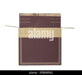 Open cardboard rectangular box made of corrugated brown paper isolated on a white background, wine box Stock Photo